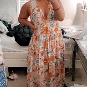 Maxi Multicolored Sundress with Plunge Neckline for Wedding Guest